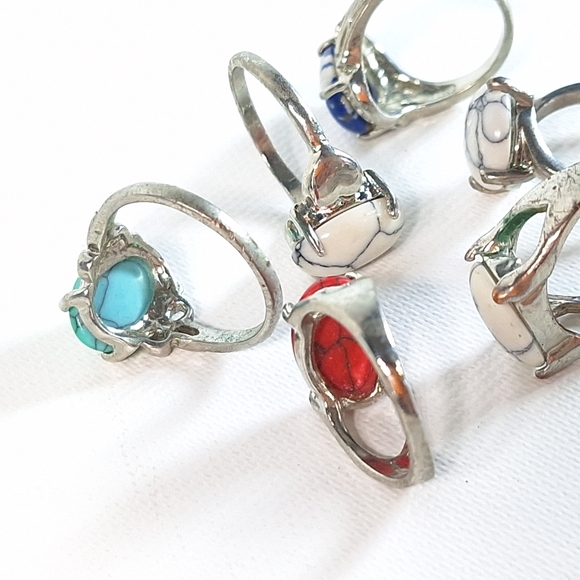 Lot of 6 Silver Tone Polished Natural Stone Rings - Picture 7 of 8